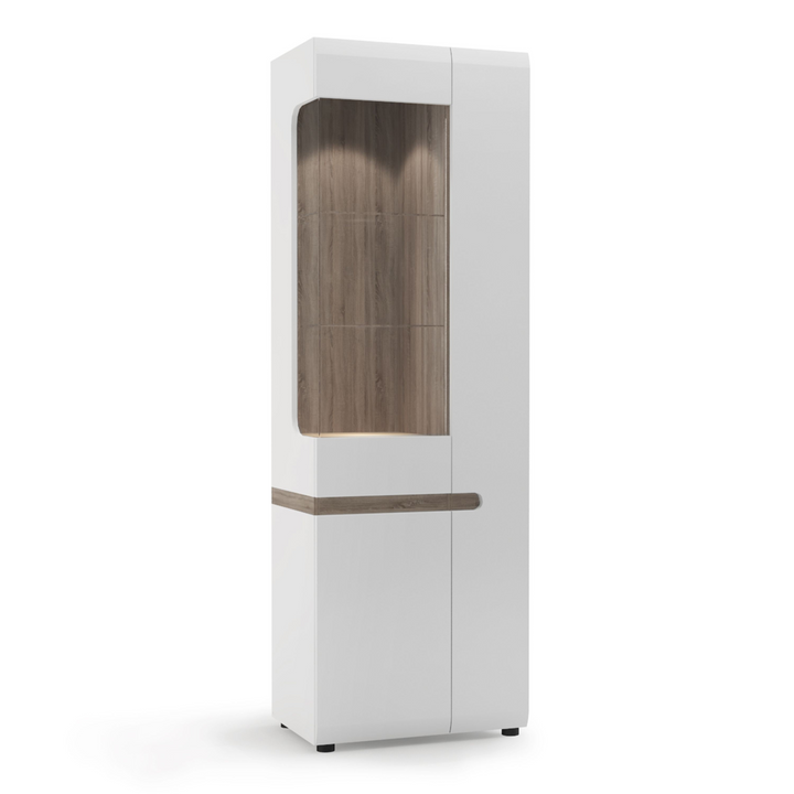 Cheadle Living Tall Glazed Narrow Display Unit (RHD) in White with a Truffle Oak Trim | Dining Cabinet | Dining Cabinets