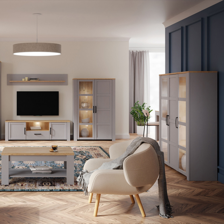 Hitchin 3 Door Large Display Cabinet in Riviera Oak/Grey Oak | Dining Cabinet | Dining Cabinets