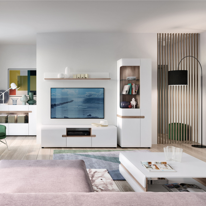Cheadle Living Tall Glazed Narrow Display Unit (RHD) in White with a Truffle Oak Trim | Dining Cabinet | Dining Cabinets