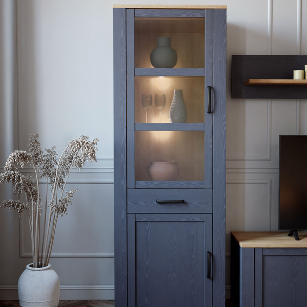 Hitchin 2 Door 1 Drawer Narrow Display Cabinet in Riviera Oak/Navy | Dining Cabinet | Dining Cabinets