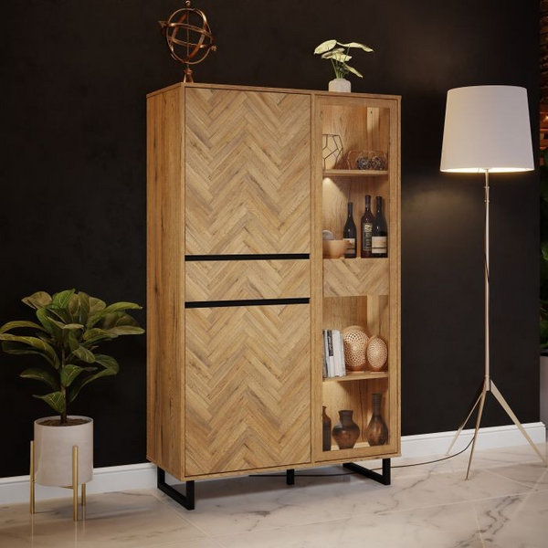 Wigston Display Cabinet in Spica Oak/Matt Black/Bartex Oak | Dining Cabinet | Dining Cabinets