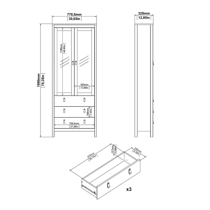 Droitwich China Cabinet 2 Glass Doors with 3 Drawers in White | Dining Cabinet | Dining Cabinets