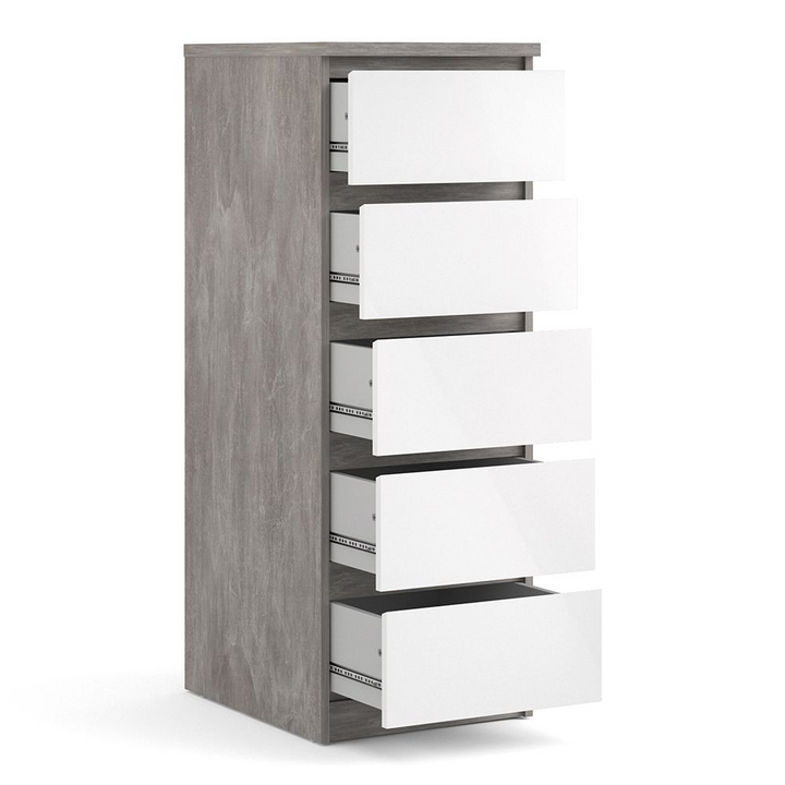 Brook Narrow Chest of 5 Drawers in Concrete and White High Gloss | Chest of Drawers | Drawers 