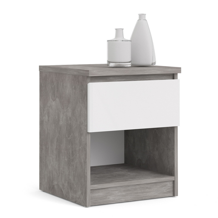 Brook Bedside 1 Drawer 1 Shelf in Concrete and White High Gloss | Bedside Cabinet | Bedside Cabinets | Bedroom Cabinet