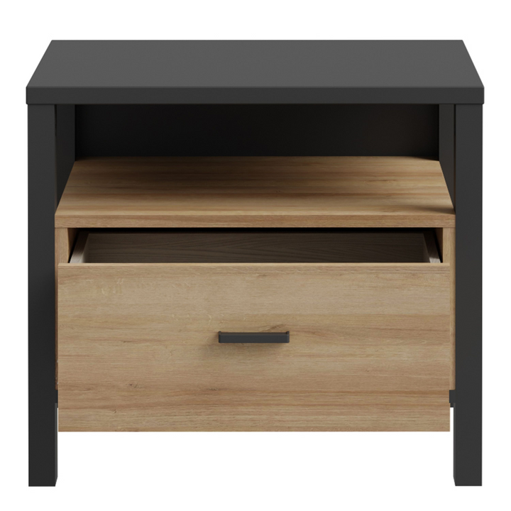 Upminster Bedside in Matt Black/Riviera Oak | Bedside Cabinet | Bedside Cabinets | Bedroom Cabinet