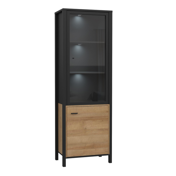 Upminster Rock Wide Display Cabinet in Matt Black/Riviera Oak | Dining Cabinet | Dining Cabinets