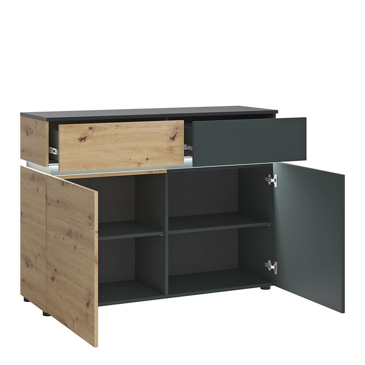 Ecclesfield 2 Door 2 Drawer Cabinet (including LED lighting) in Platinum and Oak | Dining Cabinet | Dining Cabinets