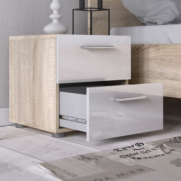 Ende Bedside 2 Drawers in Oak with White High Gloss | Bedside Cabinet | Bedside Cabinets | Bedroom Cabinet