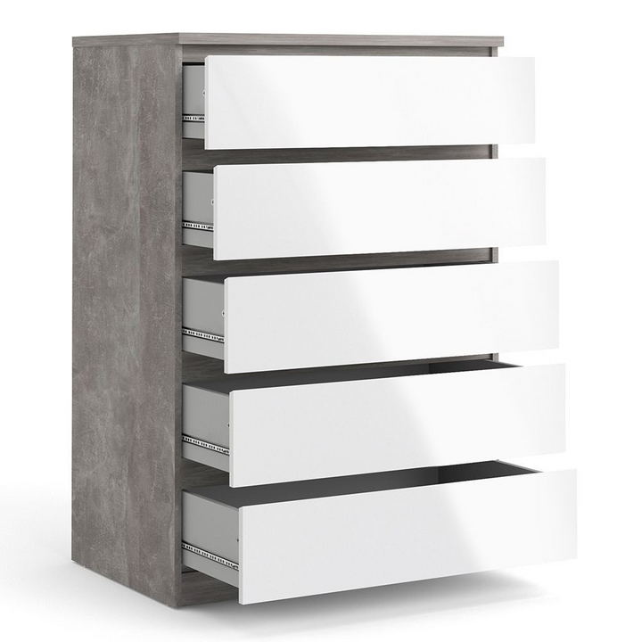 Brook Chest of 5 Drawers in Concrete and White High Gloss | Chest of Drawers | Drawers 