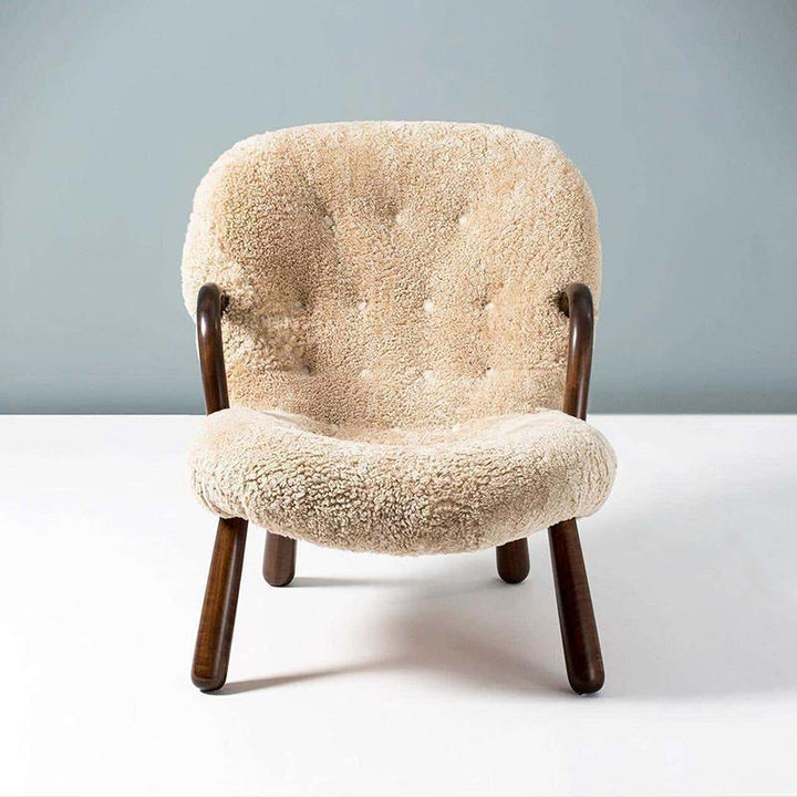 Saint Albans Sheepskin Clam Armchair, Wood Armrest | Armchair | Arm Chair | Wood Armchair