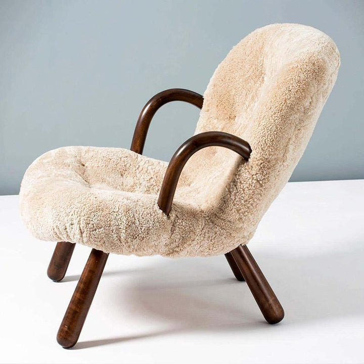 Saint Albans Sheepskin Clam Armchair, Wood Armrest | Armchair | Arm Chair | Wood Armchair