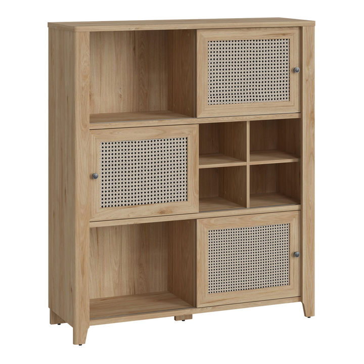 Braintree 3 Sliding Door Cabinet in Jackson Hickory Oak and Rattan Effect | Dining Cabinet | Dining Cabinets