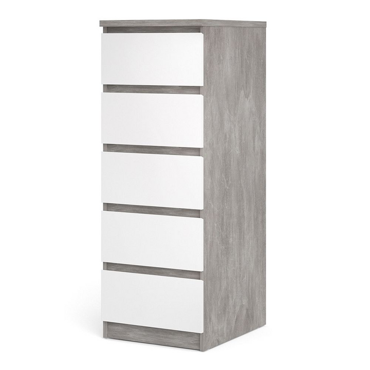 Brook Narrow Chest of 5 Drawers in Concrete and White High Gloss | Chest of Drawers | Drawers 