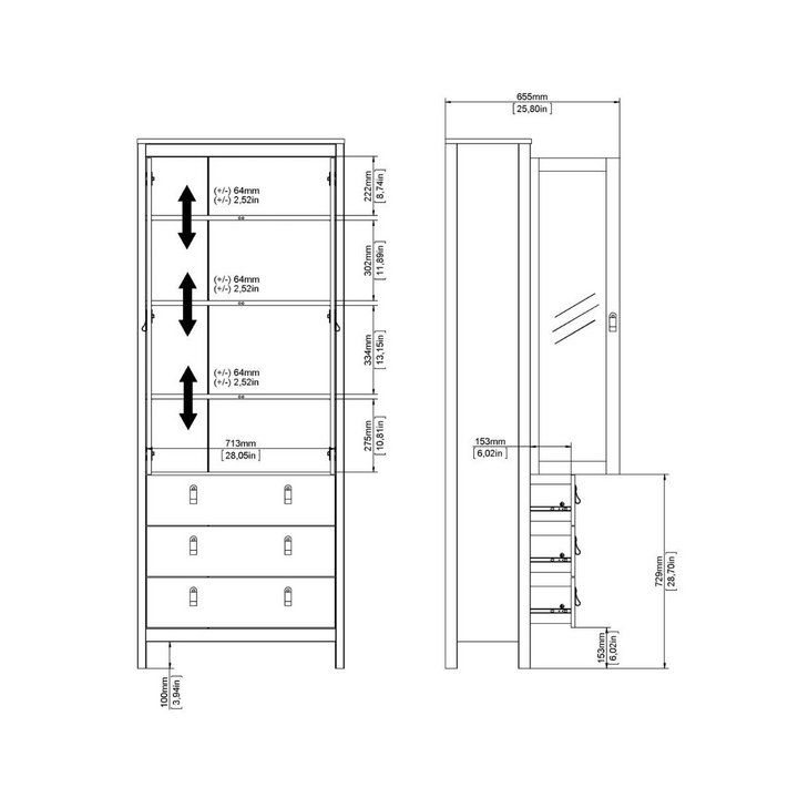 Hindley China Cabinet 2 Glass Doors with 3 Drawers in White | Dining Cabinet | Dining Cabinets