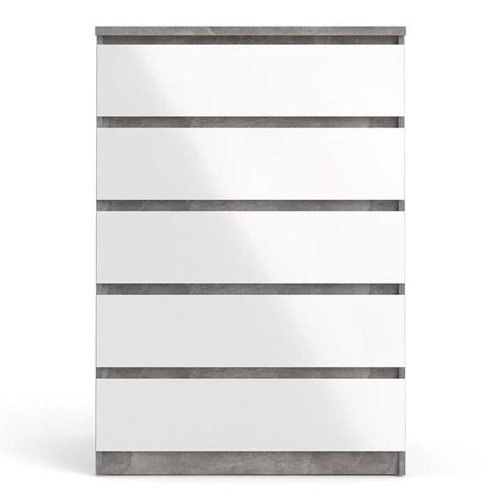 Brook Chest of 5 Drawers in Concrete and White High Gloss | Chest of Drawers | Drawers 