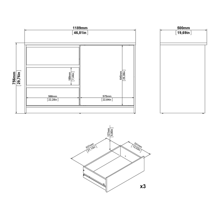 Brook Storage Unit with 1 Sliding Door and 3 Drawers in White High Gloss | Living Room Cabinets | Living Room Cabinet