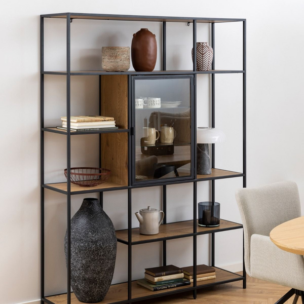 Wishaw Bookcase with 7 Shelves and Glass Front Display in Black and Oak | Dining Cabinet | Dining Cabinets