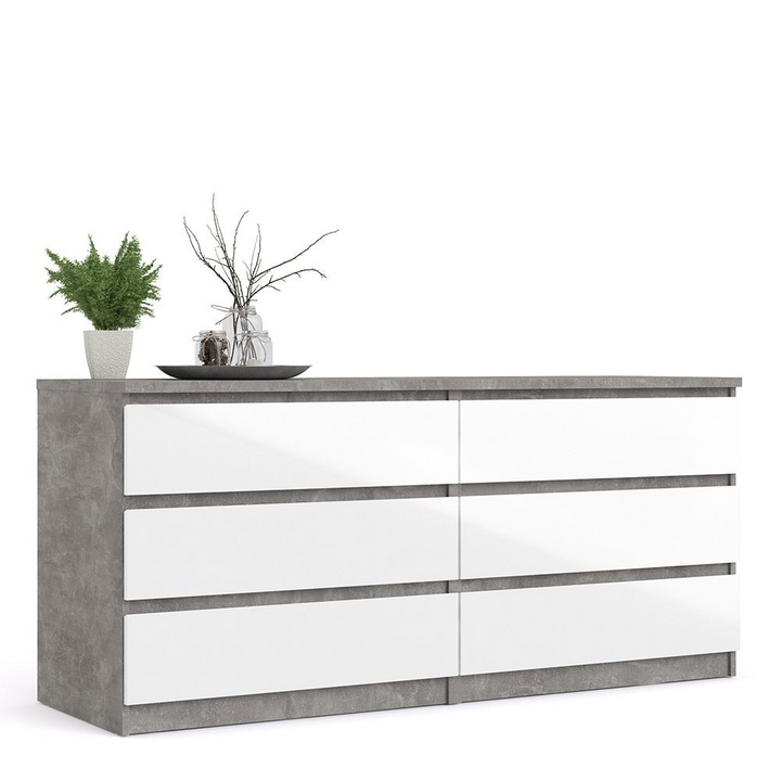 Brook Wide Chest of 6 Drawers (3+3) in Concrete and White High Gloss | Chest of Drawers | Drawers 