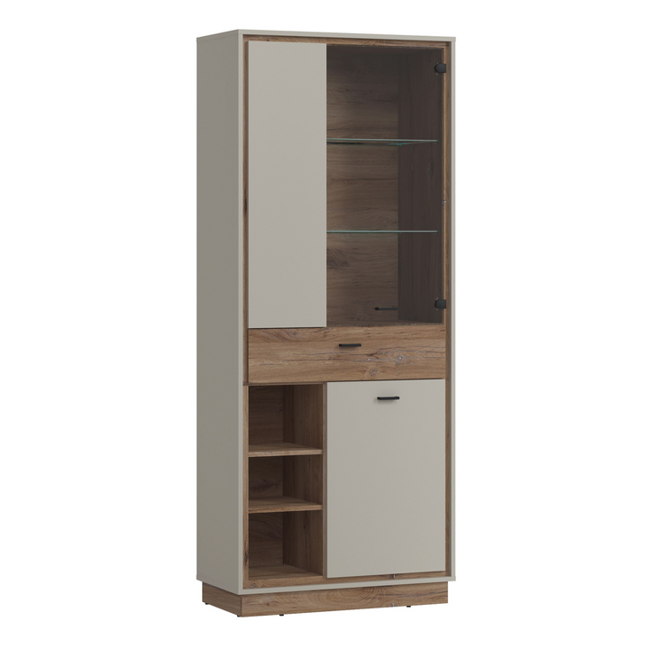 Huyton 3 Door 1 Drawer Open Shelves Wide Display Cabinet in Grey and Oak | Dining Cabinet | Dining Cabinets