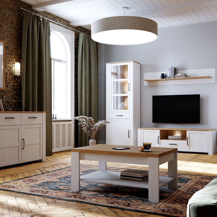 Hitchin 2 Door 1 Drawer Narrow Display Cabinet in Riviera Oak/White | Dining Cabinet | Dining Cabinets