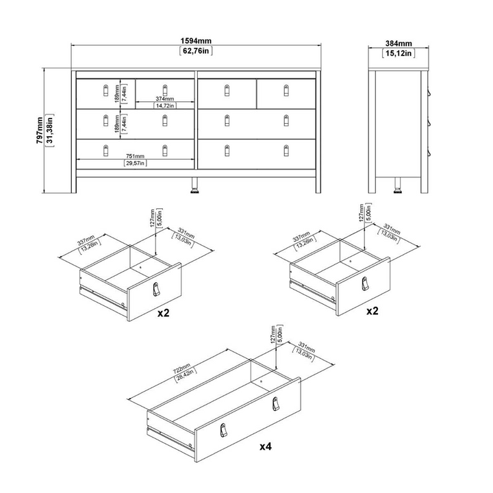 Droitwich Double Dresser 4+4 Drawers in White | Chest of Drawers | Drawers 