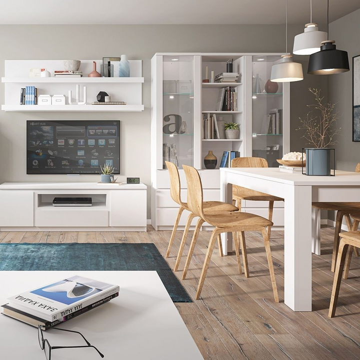 Prestwich Tall Narrow 1 Door 3 Drawer Glazed Display Cabinet in White | Dining Cabinet | Dining Cabinets
