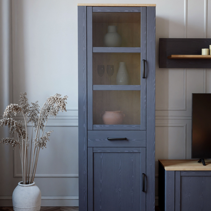 Hitchin 2 Door 1 Drawer Narrow Display Cabinet in Riviera Oak/Navy | Dining Cabinet | Dining Cabinets
