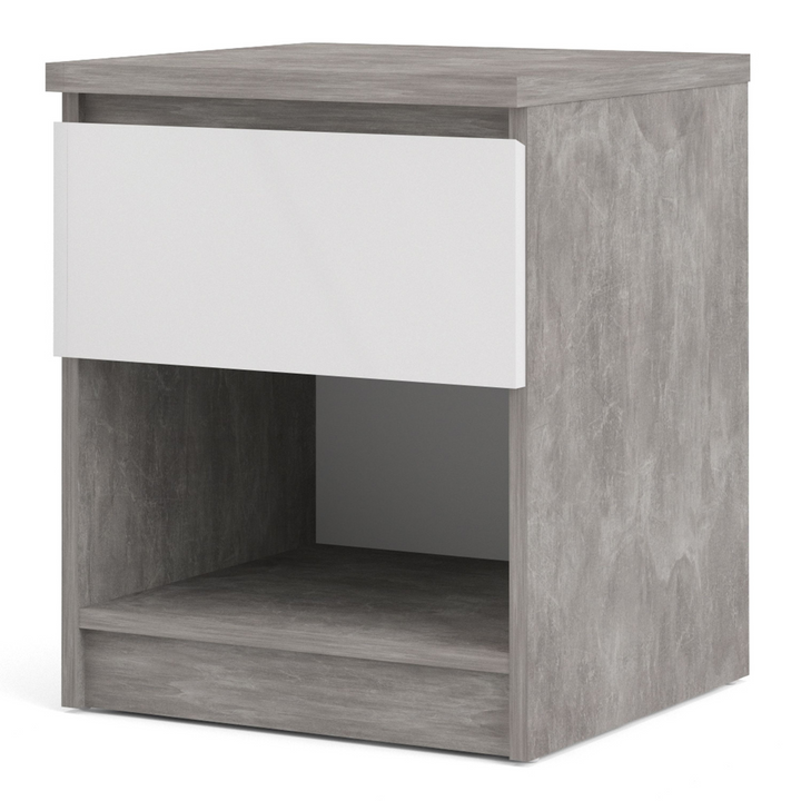 Brook Bedside 1 Drawer 1 Shelf in Concrete and White High Gloss | Bedside Cabinet | Bedside Cabinets | Bedroom Cabinet