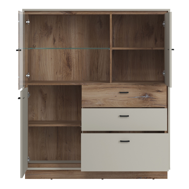 Huyton 3 Door 3 Drawer Low Display Cabinet in Grey and Oak | Dining Cabinet | Dining Cabinets