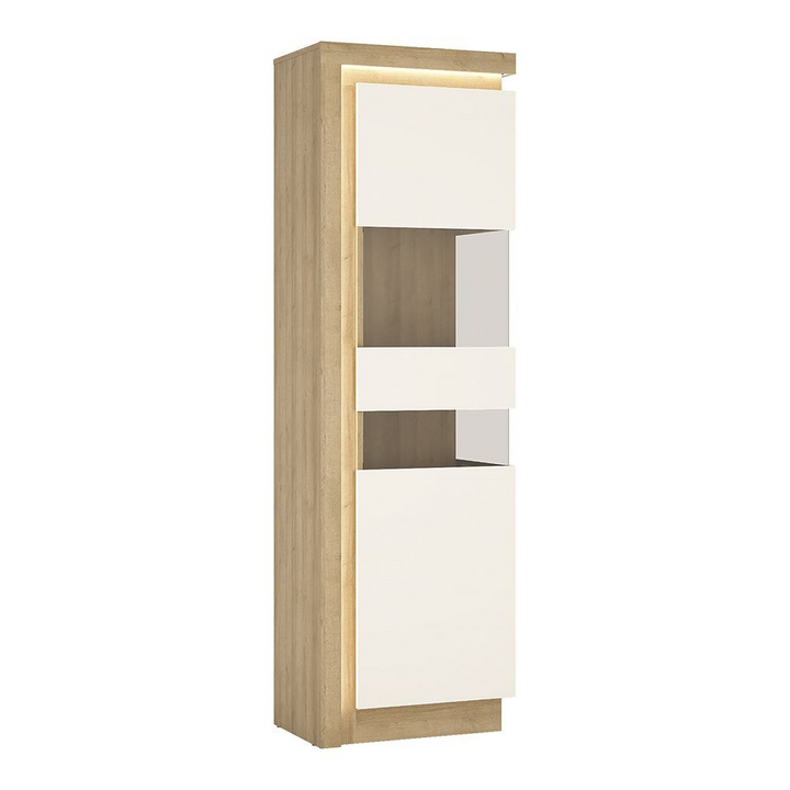 Earley Tall Narrow Display Cabinet (RHD) in Riviera Oak/White High Gloss | Dining Cabinet | Dining Cabinets