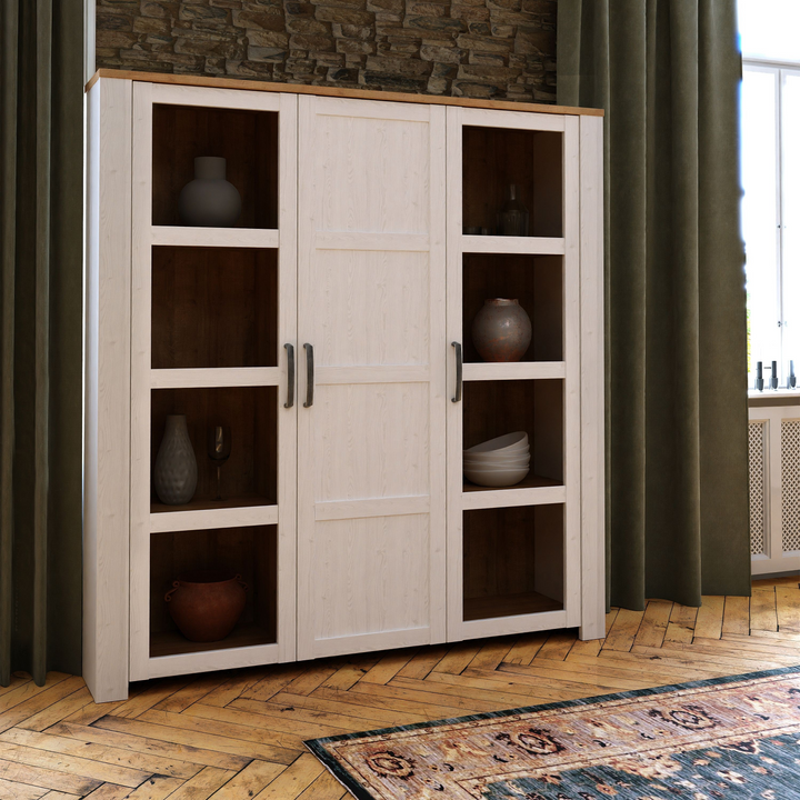 Hitchin 3 Door Large Display Cabinet in Riviera Oak/White | Dining Cabinet | Dining Cabinets