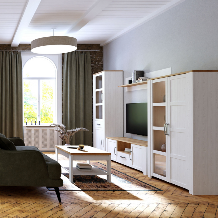 Hitchin 2 Door 1 Drawer Narrow Display Cabinet in Riviera Oak/White | Dining Cabinet | Dining Cabinets