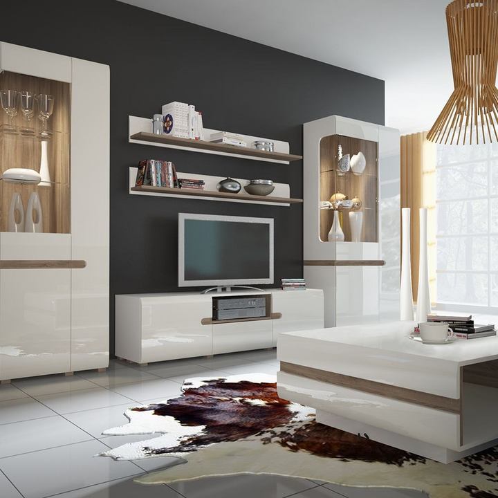 Cheadle Living Tall Glazed Narrow Display Unit (RHD) in White with a Truffle Oak Trim | Dining Cabinet | Dining Cabinets
