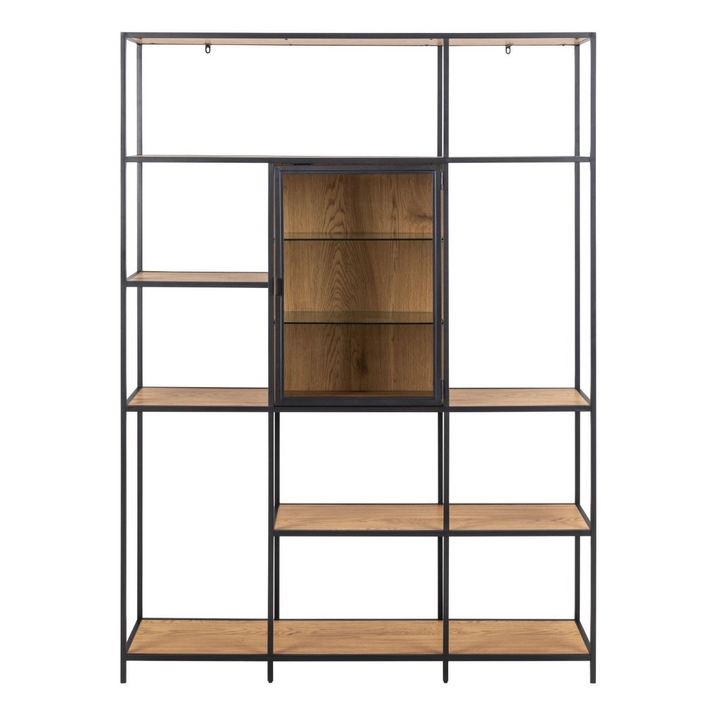 Wishaw Bookcase with 7 Shelves and Glass Front Display in Black and Oak | Dining Cabinet | Dining Cabinets