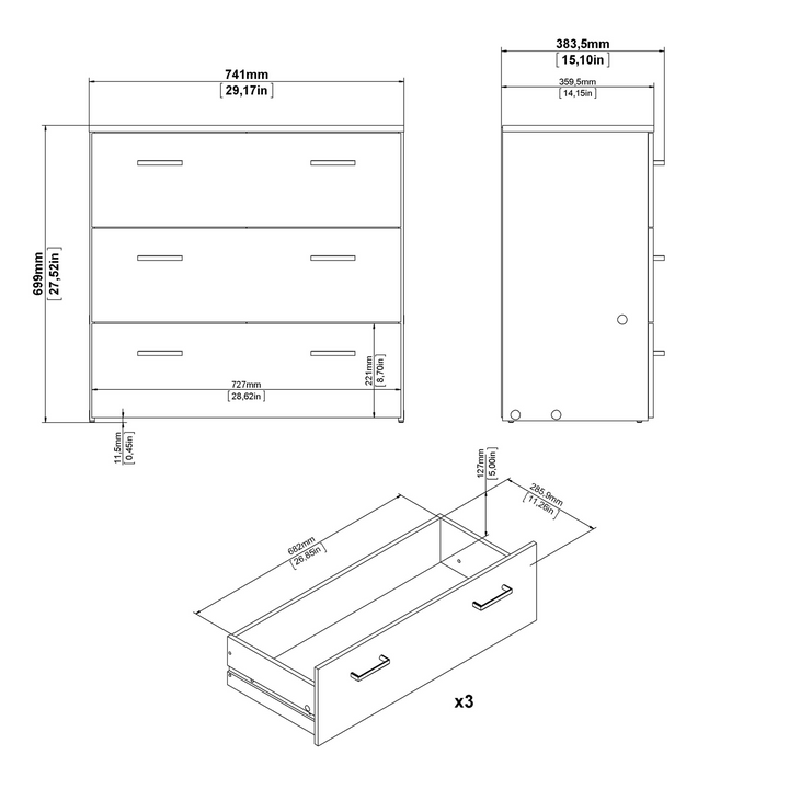 Longton Chest of 3 Drawers in White | Chest of Drawers | Drawers 