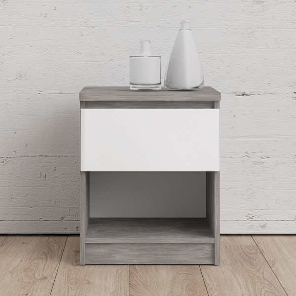 Brook Bedside 1 Drawer 1 Shelf in Concrete and White High Gloss | Bedside Cabinet | Bedside Cabinets | Bedroom Cabinet