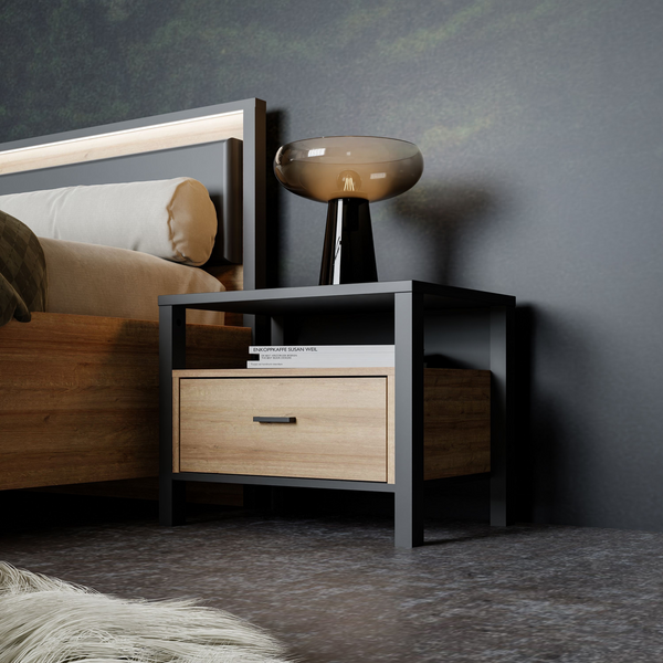 Upminster Bedside in Matt Black/Riviera Oak | Bedside Cabinet | Bedside Cabinets | Bedroom Cabinet