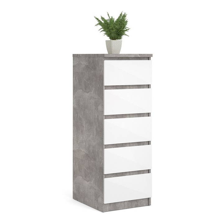 Brook Narrow Chest of 5 Drawers in Concrete and White High Gloss | Chest of Drawers | Drawers 