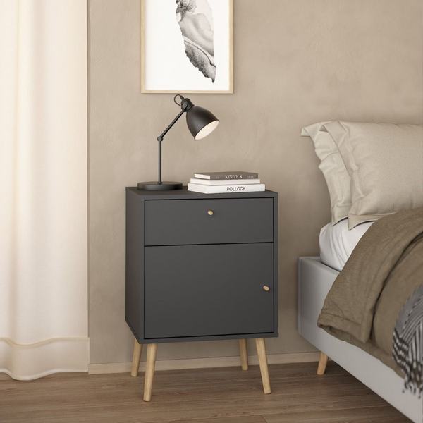 Broadstairs Nightstand 1 Door + 1 Drawer Dark Grey | Bedside Cabinet | Bedside Cabinets | Bedroom Cabinet