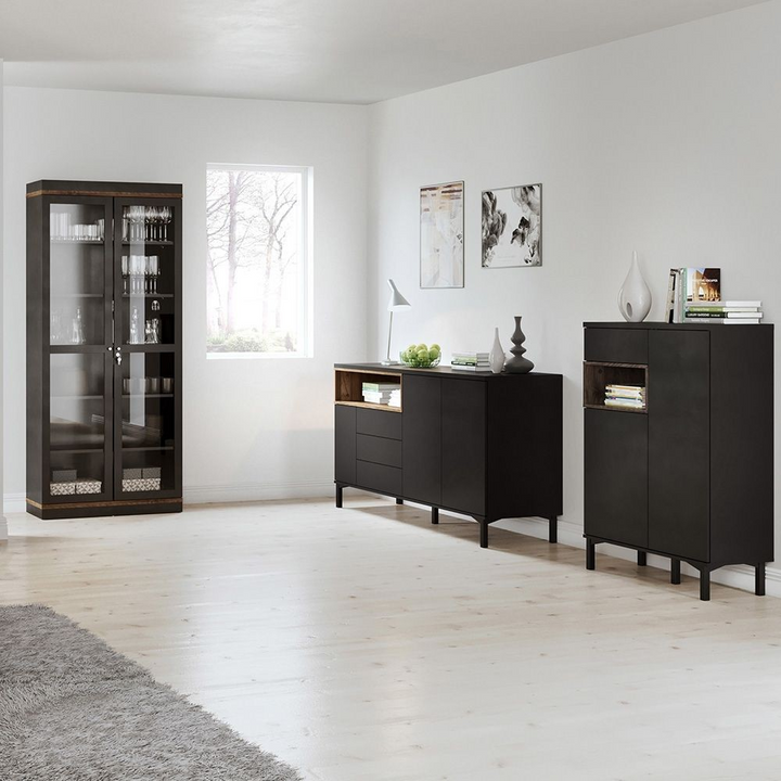 Spalding Display Cabinet Glazed 2 Doors in Black and Walnut | Dining Cabinet | Dining Cabinets